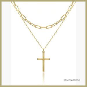 18K Gold Plated Stainless Steel Cross Pendant Necklace with Paperclip Chain